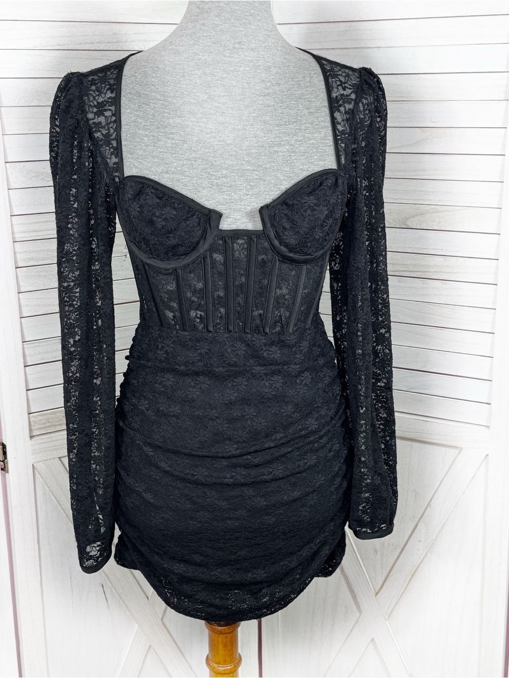 Edit by Nine Lace Corset Top Ruched Mini Dress Black Medium Gothic Coquette Y2K